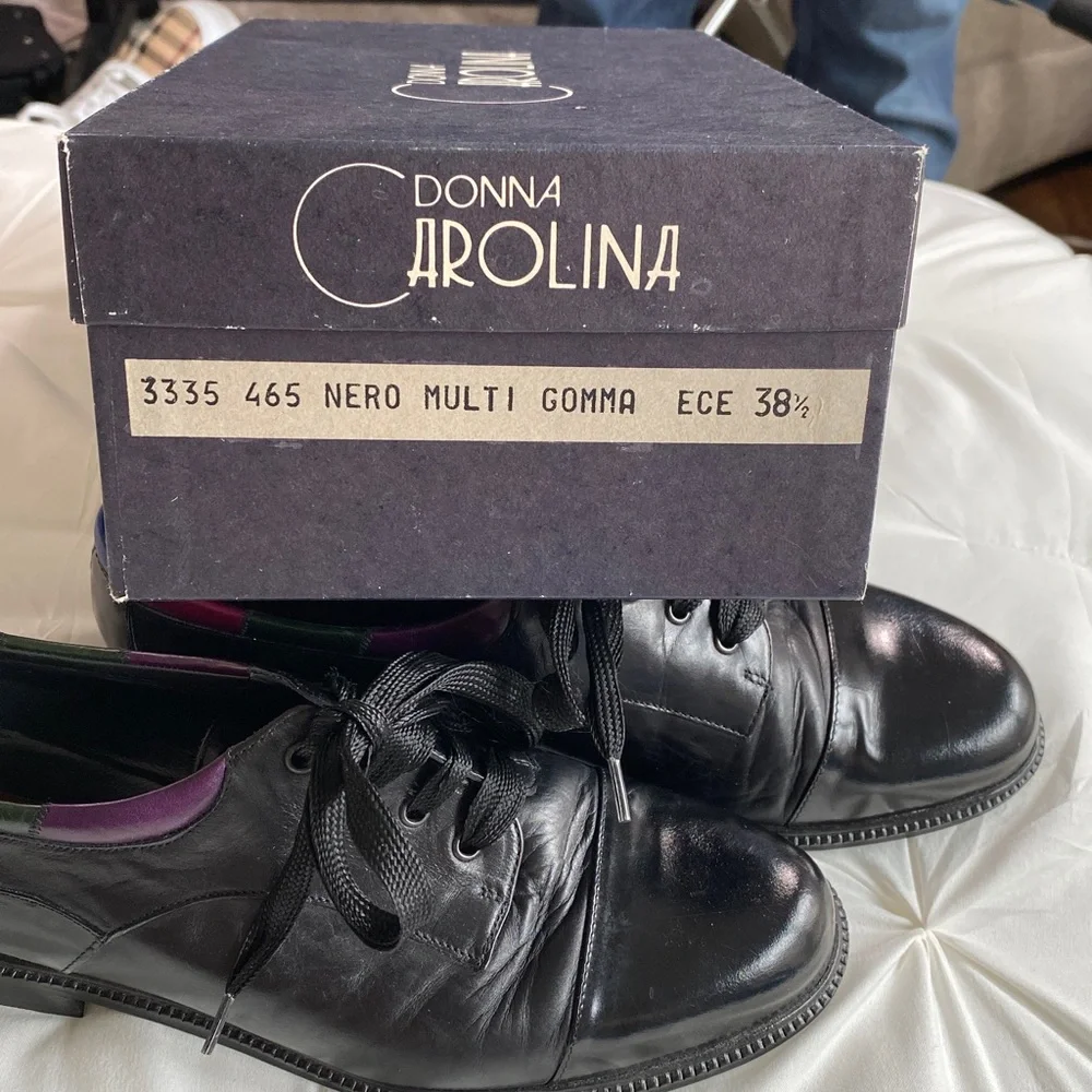 Black Leather Lace-Up Shoes with Multicolor Color Trim Made in Italy 38 1/2